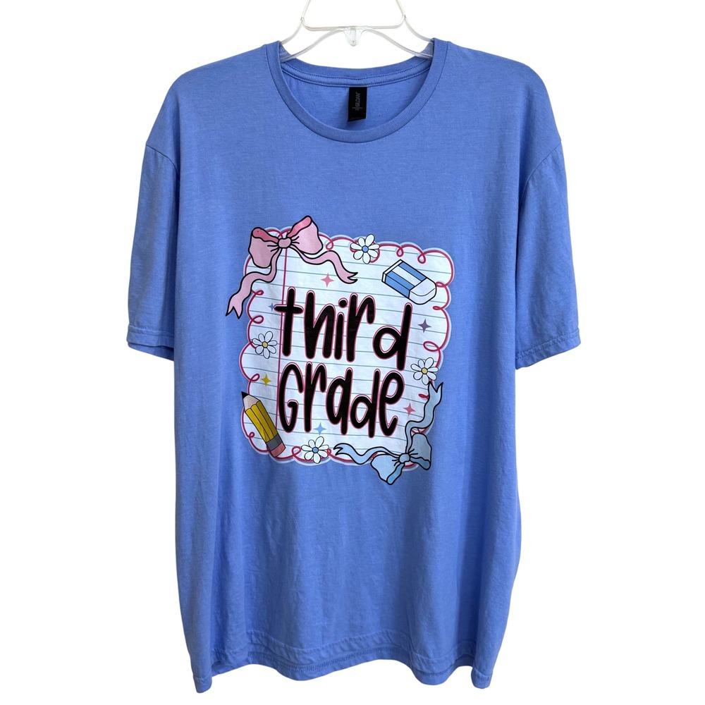 Teacher 3rd Grade Graphic Tee Blue Gildan Softstyle Bows Flawed Large